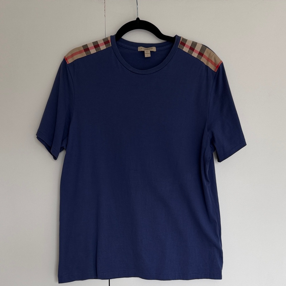 Men's Burberry Blue T-Shirt with Plaid Accents